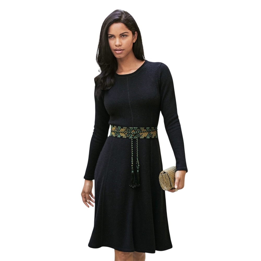 Peruvian Connection Black Emma Midi Dress Long Sleeve 100% Royal Alpaca Size XL
